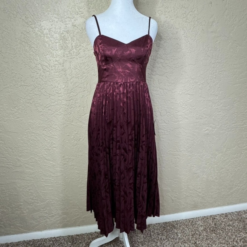 Lulu's Burgundy Satin Midi Dress with Pleated Skirt